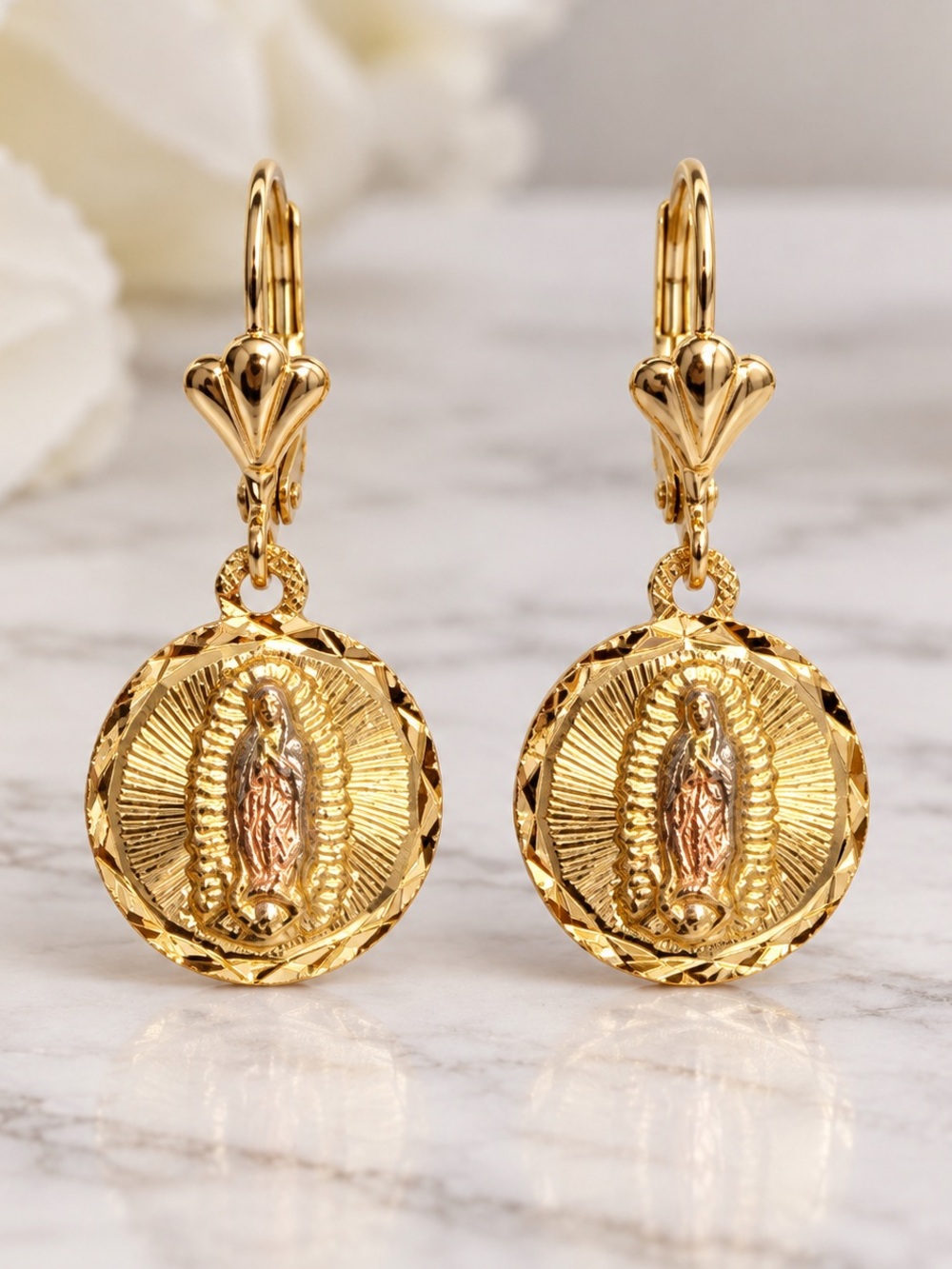 Gold Virgin Mary Medallion Drop Earrings - Women Jewelry